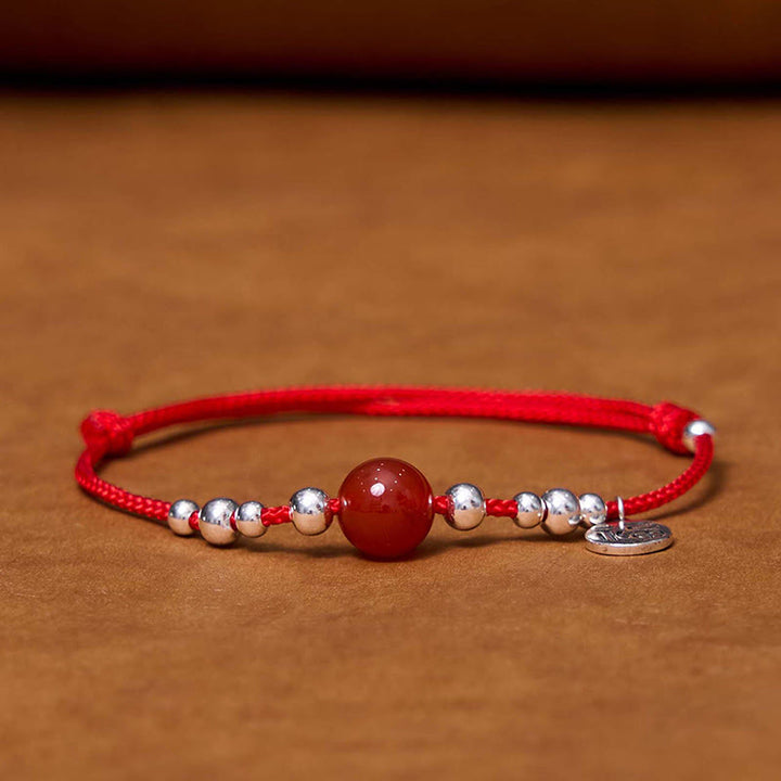 Buddha Stones Handgefertigtes 925-Sterling-Silber-Armband mit Fu-Zeichen und rotem Achat, geflochten mit ultradünnem Seil - image 1