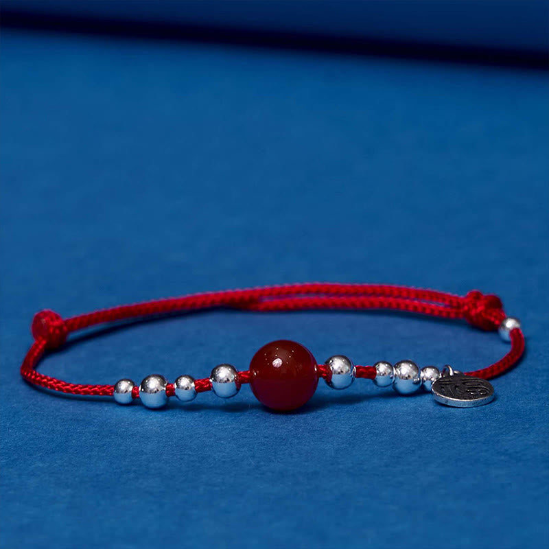 Buddha Stones Handgefertigtes 925-Sterling-Silber-Armband mit Fu-Zeichen und rotem Achat, geflochten mit ultradünnem Seil