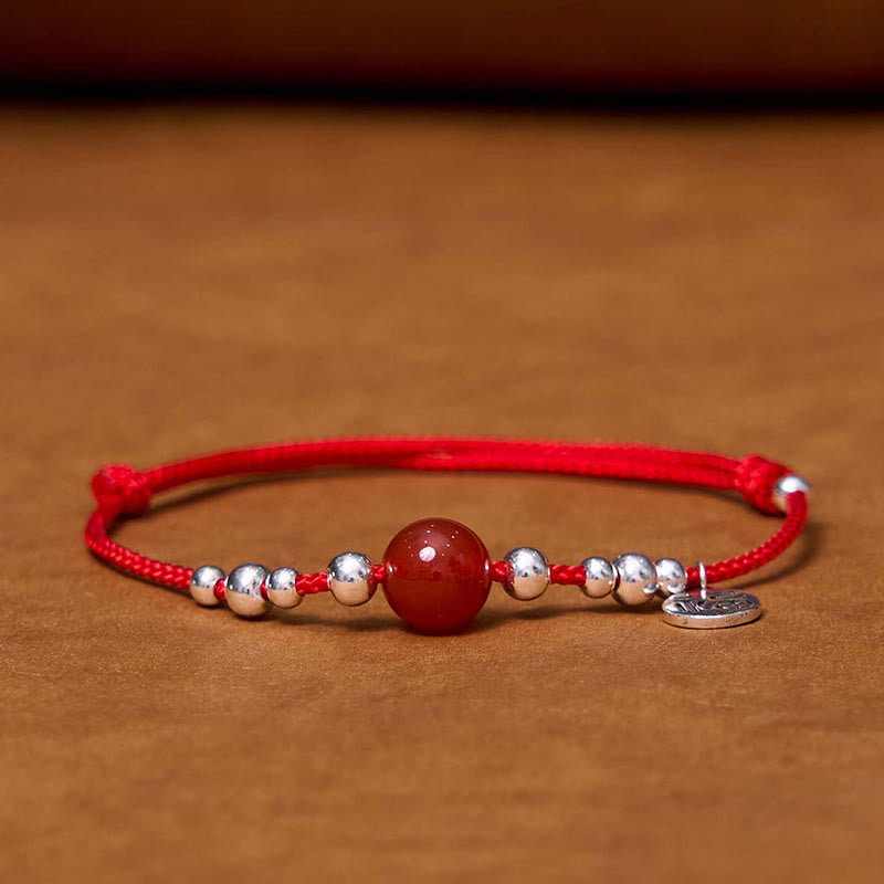 Buddha Stones Handgefertigtes 925-Sterling-Silber-Armband mit Fu-Zeichen und rotem Achat, geflochten mit ultradünnem Seil - image 1