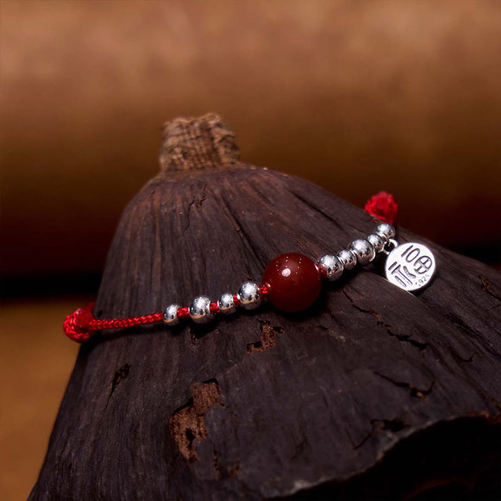 Buddha Stones Handgefertigtes 925-Sterling-Silber-Armband mit Fu-Zeichen und rotem Achat, geflochten mit ultradünnem Seil - image 5
