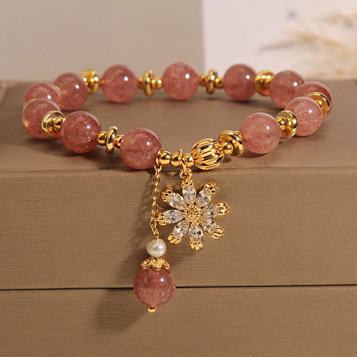 Buddha Stones Natürliches Erdbeerquarz Kristall Chrysantheme Perle Positives Armband