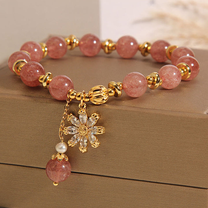 Buddha Stones Natürliches Erdbeerquarz Kristall Chrysantheme Perle Positives Armband