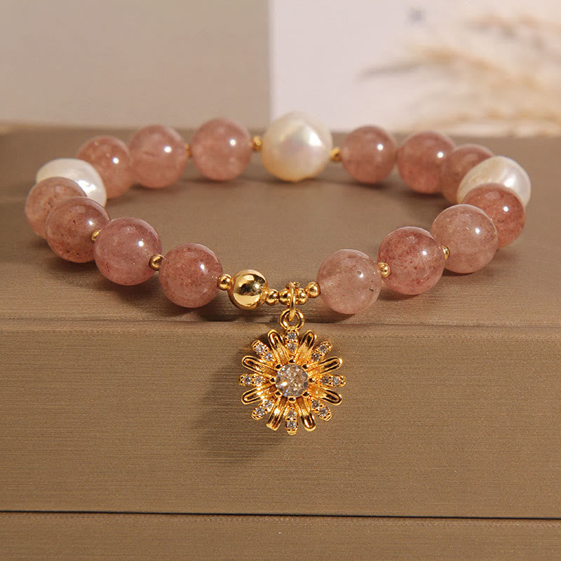 Buddha Stones Natürliches Erdbeerquarz Kristall Chrysantheme Perle Positives Armband