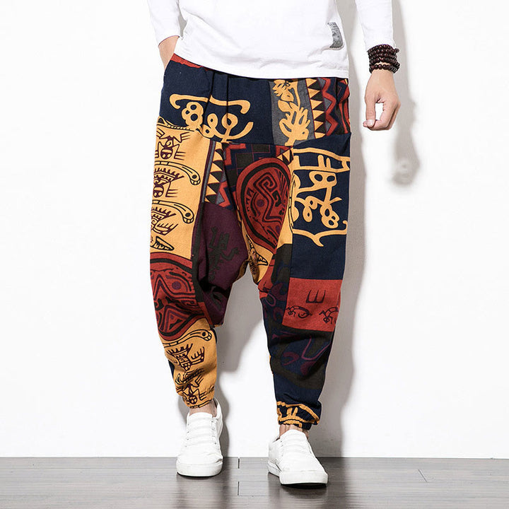 Buddha Stones Rotbraune Herren-Haremshose mit Graffiti-Vogel-Print und Taschen - image 1