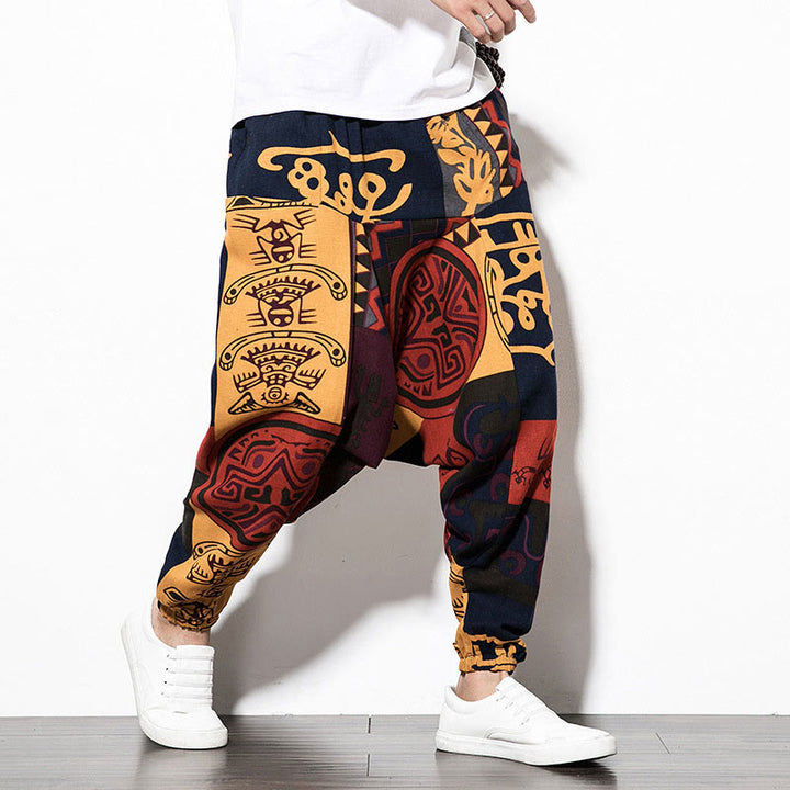 Buddha Stones Rotbraune Herren-Haremshose mit Graffiti-Vogel-Print und Taschen - image 3