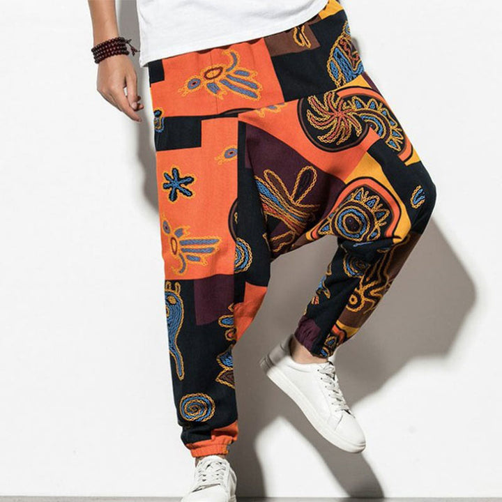 Buddha Stones Rotbraune Herren-Haremshose mit Graffiti-Vogel-Print und Taschen - Dunkelorange - US/ UK/AU44, EU54 (5XL) - image 12