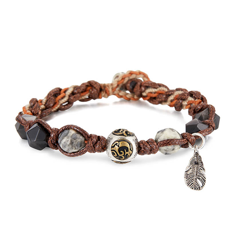 Buddha Stones Retro 925 Sterling Silber Silber Glanz Obsidian Transport Seil Handgemachte Geflochtene Armband