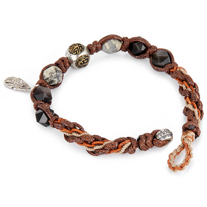 Buddha Stones Retro 925 Sterling Silber Silber Glanz Obsidian Transport Seil Handgemachte Geflochtene Armband - image 3