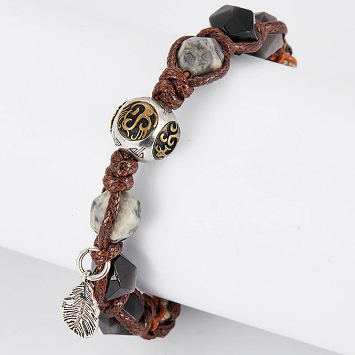 Buddha Stones Retro 925 Sterling Silber Silber Glanz Obsidian Transport Seil Handgemachte Geflochtene Armband