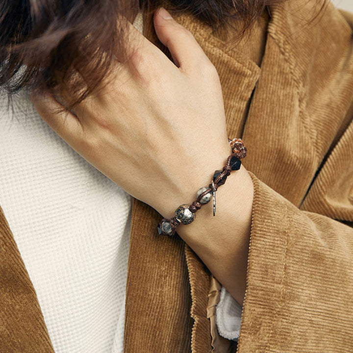 Buddha Stones Retro 925 Sterling Silber Silber Glanz Obsidian Transport Seil Handgemachte Geflochtene Armband - image 12