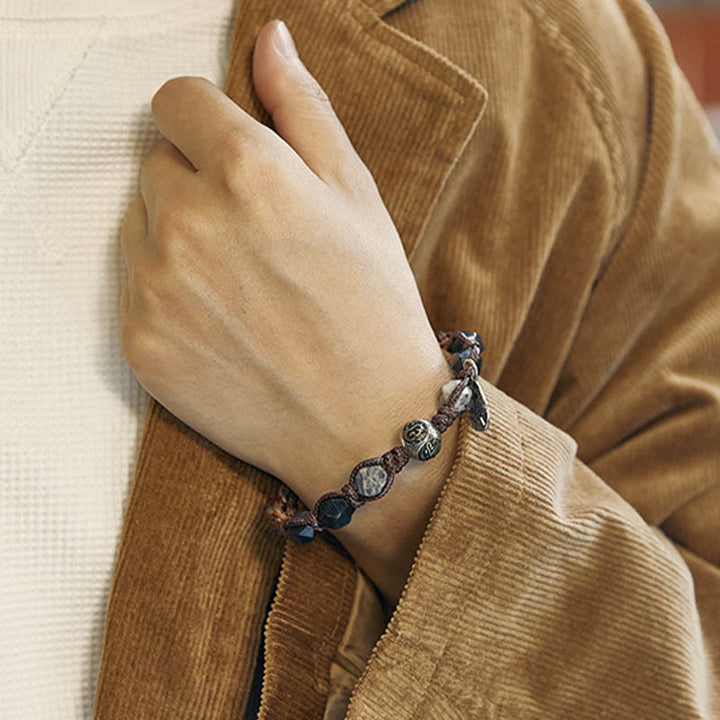 Buddha Stones Retro 925 Sterling Silber Silber Glanz Obsidian Transport Seil Handgemachte Geflochtene Armband - image 4