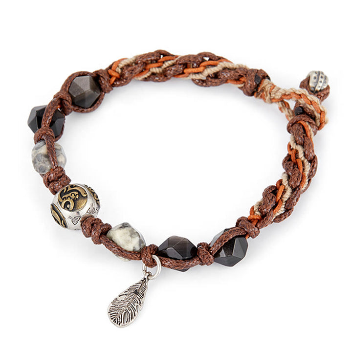 Buddha Stones Retro 925 Sterling Silber Silber Glanz Obsidian Transport Seil Handgemachte Geflochtene Armband