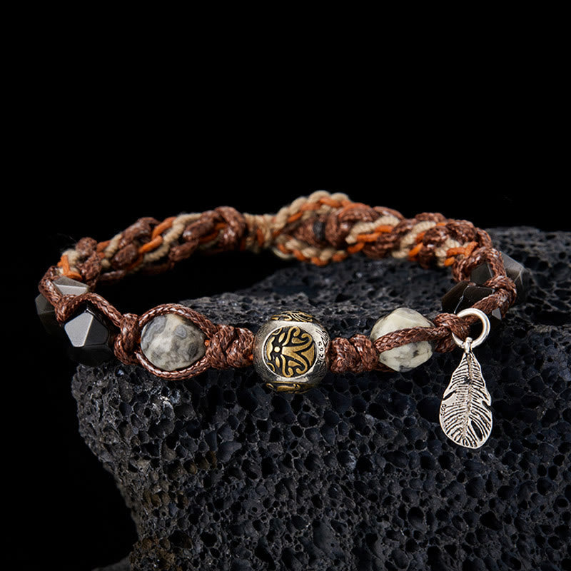 Buddha Stones Retro 925 Sterling Silber Silber Glanz Obsidian Transport Seil Handgemachte Geflochtene Armband - Handgeflochten (Handgelenkumfang: 16-18 cm) - image 0