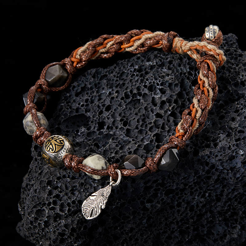 Buddha Stones Retro 925 Sterling Silber Silber Glanz Obsidian Transport Seil Handgemachte Geflochtene Armband - image 1