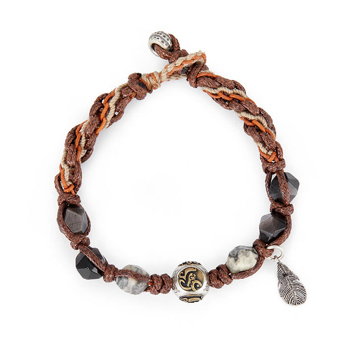 Buddha Stones Retro 925 Sterling Silber Silber Glanz Obsidian Transport Seil Handgemachte Geflochtene Armband