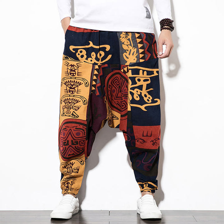 Buddha Stones Rotbraune Herren-Haremshose mit Graffiti-Vogel-Print und Taschen - image 9
