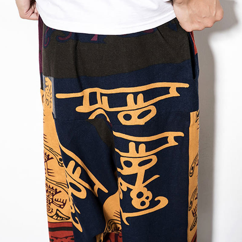 Buddha Stones Rotbraune Herren-Haremshose mit Graffiti-Vogel-Print und Taschen - image 7