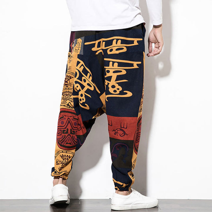 Buddha Stones Rotbraune Herren-Haremshose mit Graffiti-Vogel-Print und Taschen - image 2