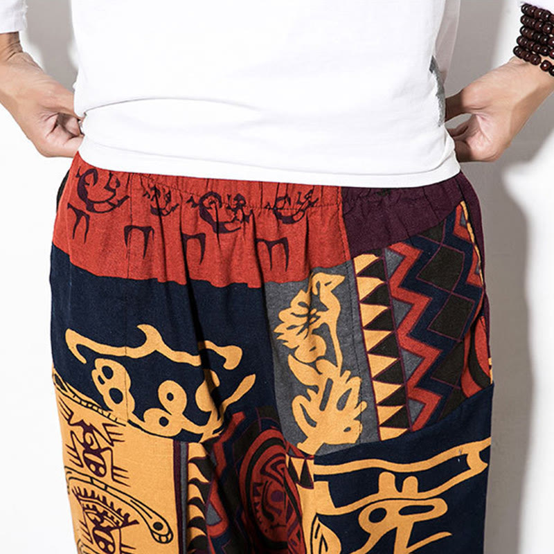 Buddha Stones Rotbraune Herren-Haremshose mit Graffiti-Vogel-Print und Taschen - image 5
