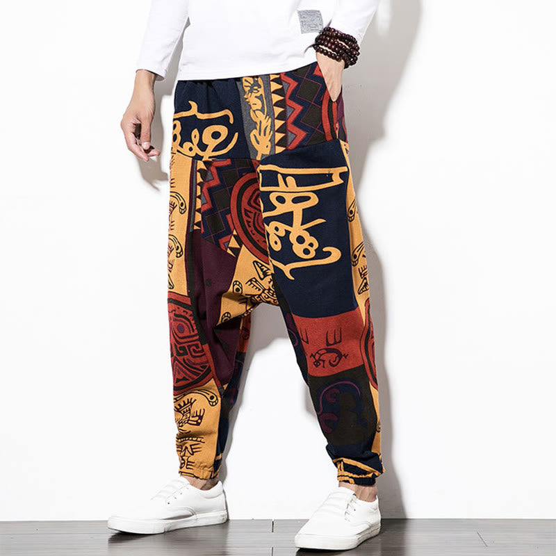 Buddha Stones Rot Braun Graffiti Vogel Druck Baumwolle Herren Haremshose mit Taschen - image 5