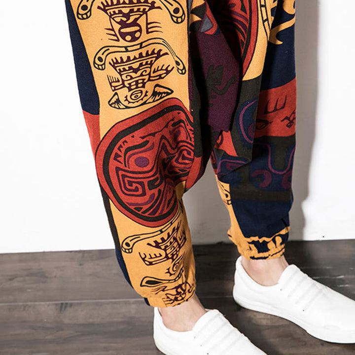 Buddha Stones Rot Braun Graffiti Vogel Druck Baumwolle Herren Haremshose mit Taschen - image 10