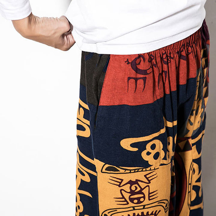 Buddha Stones Rotbraune Herren-Haremshose mit Graffiti-Vogel-Print und Taschen - image 6
