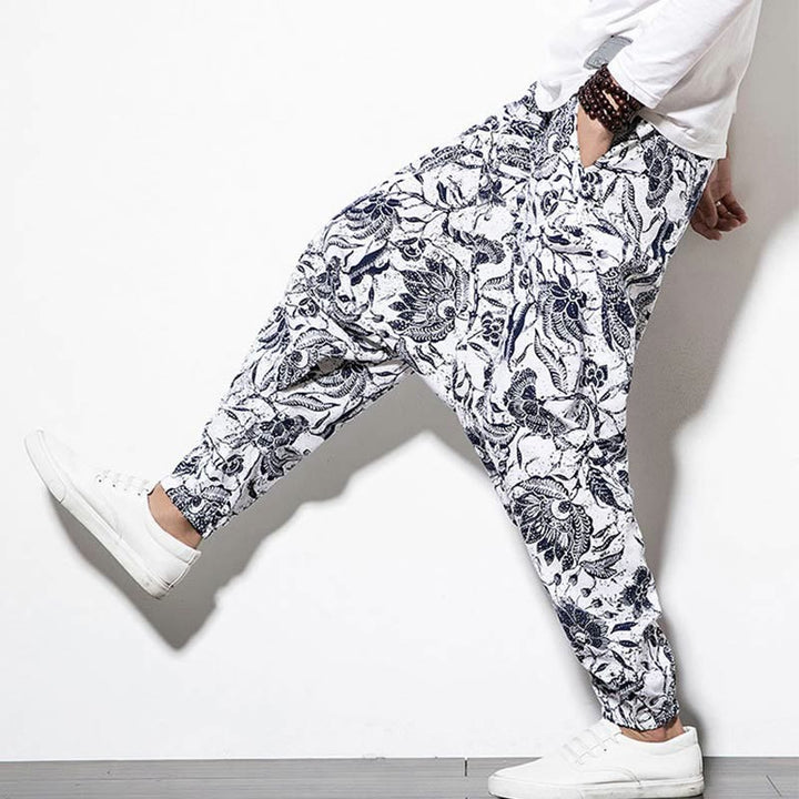 Lange, verkürzte Haremshose aus Baumwolle mit Buddha Stones, Blätter und Ranken-Print und Taschen für Herren - image 6