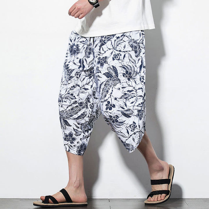 Lange, verkürzte Haremshose aus Baumwolle mit Buddha Stones, Blätter und Ranken-Print und Taschen für Herren - Kurzer Stil Azurblau - US/ UK/AU46，EU56 (5XL) - image 10