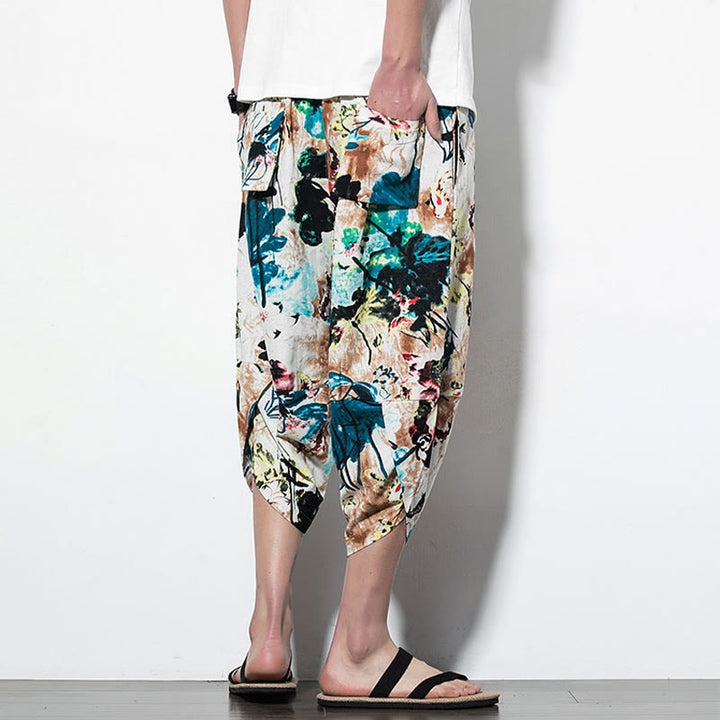 Buddha Stones, Blumen, Blätter, Braun, Blau, Malerei, Druck, Baumwolle, lange, verkürzte Haremshose für Herren mit Taschen - image 11