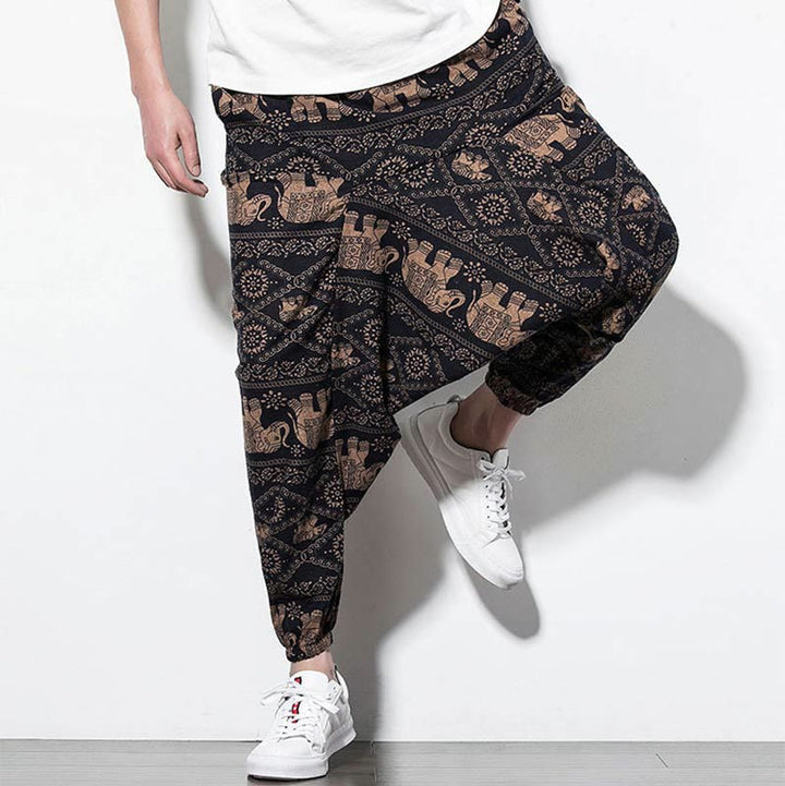 Buddha Stones Elefant Braun Schwarz Print Baumwolle Herren Lange verkürzte Haremshose mit Taschen - image 7