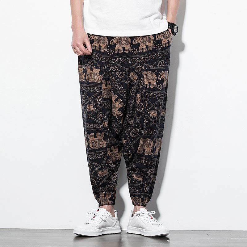 Buddha Stones Elefant Braun Schwarz Print Baumwolle Herren Lange verkürzte Haremshose mit Taschen - image 1