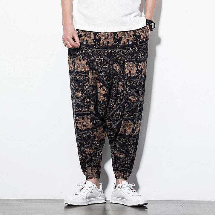 Buddha Stones Elefant Braun Schwarz Print Baumwolle Herren Lange verkürzte Haremshose mit Taschen - image 1