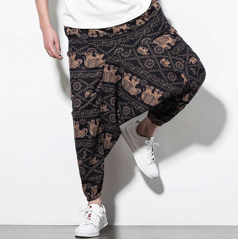 Buddha Stones Elefant Braun Schwarz Print Baumwolle Herren Lange verkürzte Haremshose mit Taschen - image 8