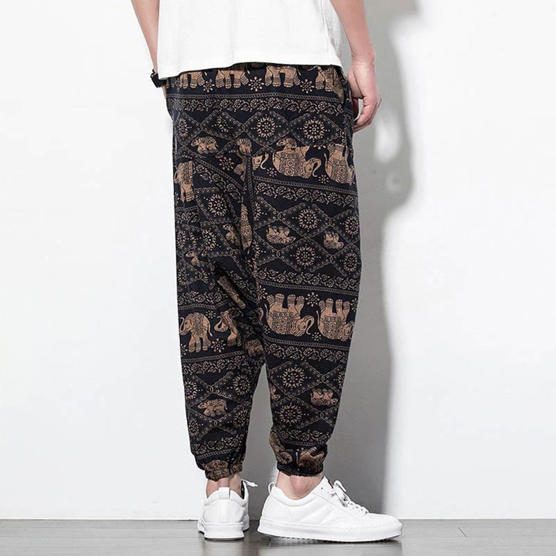 Buddha Stones Elefant Braun Schwarz Print Baumwolle Herren Lange verkürzte Haremshose mit Taschen - image 2