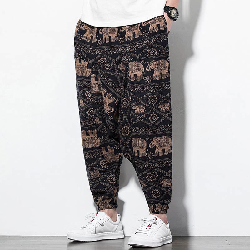 Buddha Stones Elefant Braun Schwarz Print Baumwolle Herren Lange verkürzte Haremshose mit Taschen - image 6