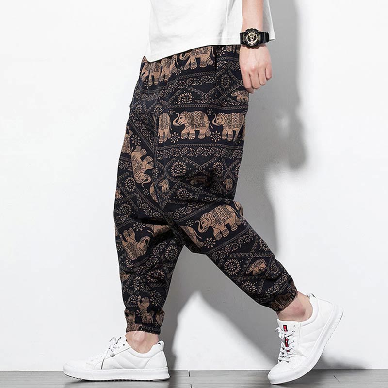 Buddha Stones Elefant Braun Schwarz Print Baumwolle Herren Lange verkürzte Haremshose mit Taschen - Langer Elefant - US/ UK/AU46，EU56 (5XL) - image 1