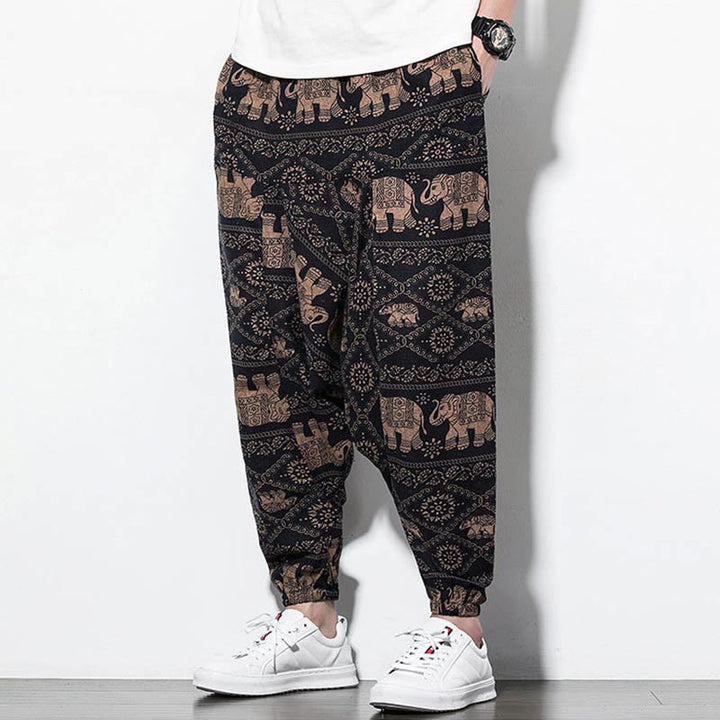 Buddha Stones Elefant Braun Schwarz Print Baumwolle Herren Lange verkürzte Haremshose mit Taschen - image 6