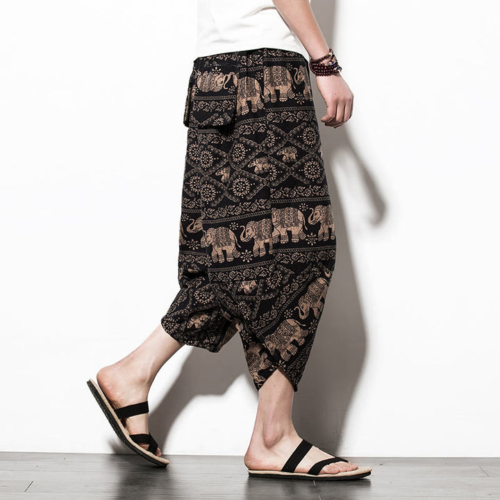 Buddha Stones Elefant Braun Schwarz Print Baumwolle Herren Lange verkürzte Haremshose mit Taschen - Kurzer Elefantenstil - US/ UK/AU46，EU56 (5XL) - image 10