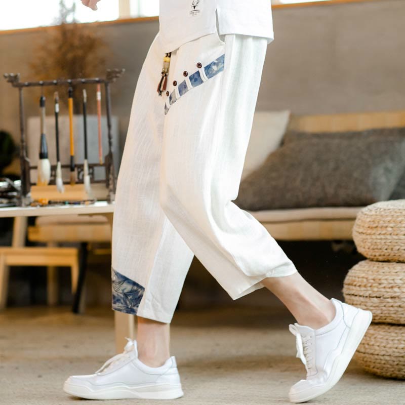 Buddha Stones Patchwork Design Kordelzug Baumwolle Herren Cropped Hose mit Taschen - image 1