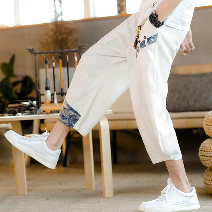 Buddha Stones Patchwork Design Kordelzug Baumwolle Herren Cropped Hose mit Taschen - image 6