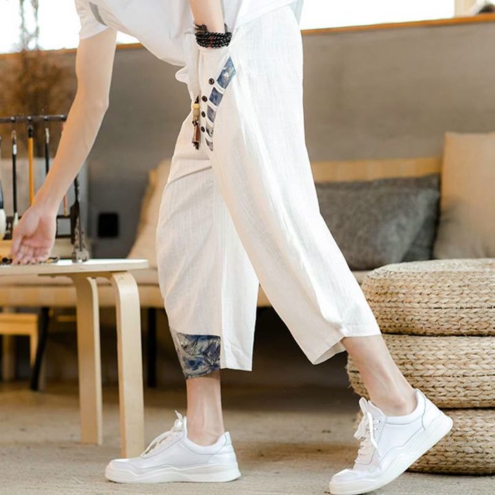 Buddha Stones Patchwork Design Kordelzug Baumwolle Herren Cropped Hose mit Taschen - image 4