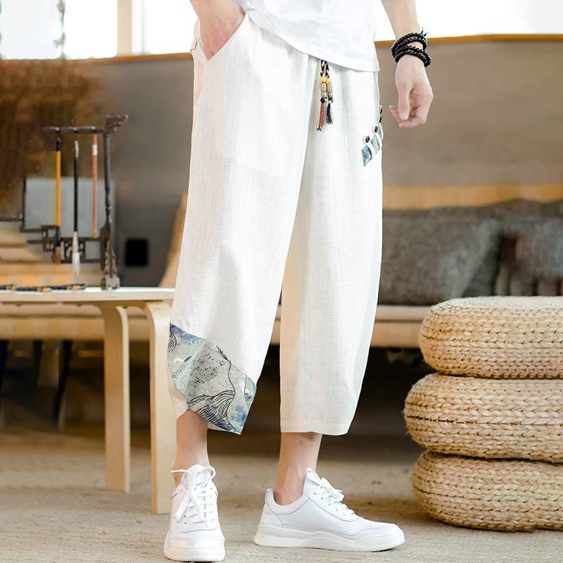 Buddha Stones Patchwork Design Kordelzug Baumwolle Herren Cropped Hose mit Taschen - image 2