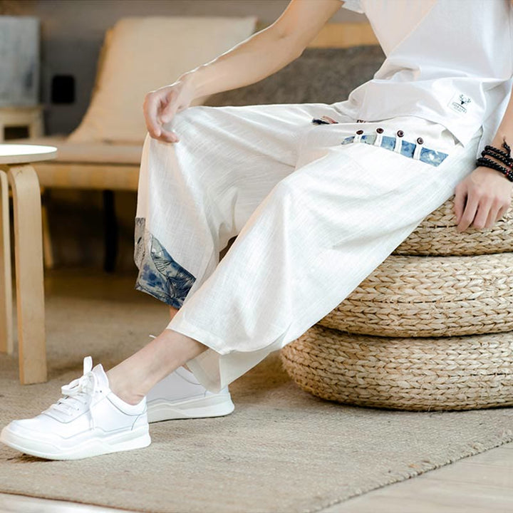 Buddha Stones Patchwork Design Kordelzug Baumwolle Herren Cropped Hose mit Taschen - image 5