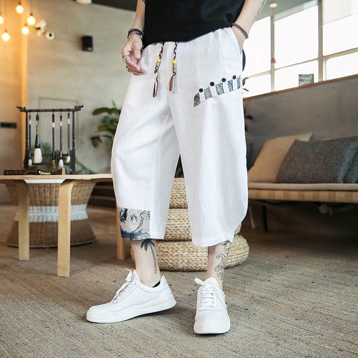 Buddha Stones Patchwork Design Kordelzug Baumwolle Herren Cropped Hose mit Taschen - image 7