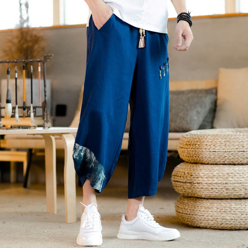 Buddha Stones Patchwork Design Kordelzug Baumwolle Herren Cropped Hose mit Taschen - image 10