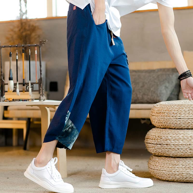 Buddha Stones Patchwork Design Kordelzug Baumwolle Herren Cropped Hose mit Taschen - image 11
