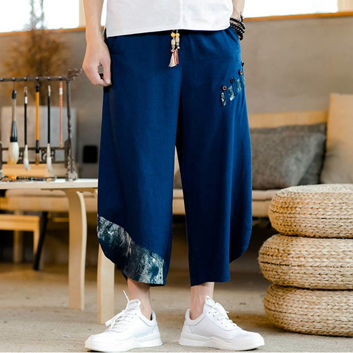 Buddha Stones Patchwork Design Kordelzug Baumwolle Herren Cropped Hose mit Taschen - SteelBlue - US/UK/AU46, EU56 (5XL) - image 9