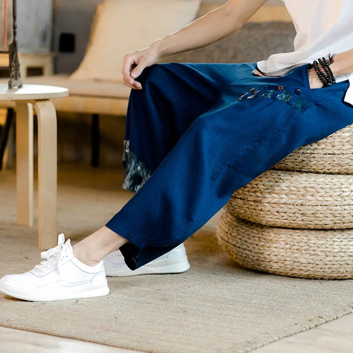 Buddha Stones Patchwork Design Kordelzug Baumwolle Herren Cropped Hose mit Taschen - image 13