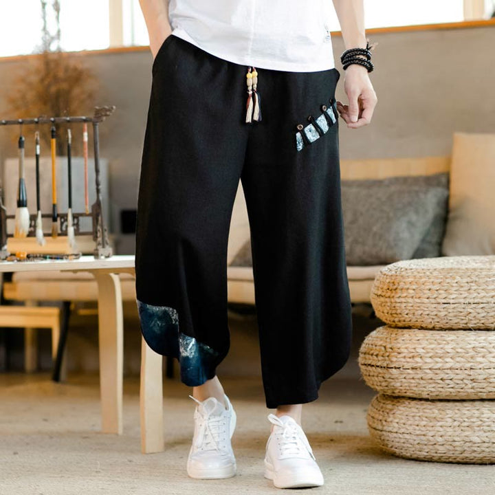 Buddha Stones Patchwork Design Kordelzug Baumwolle Herren Cropped Hose mit Taschen - Schwarz - US/UK/AU46, EU56 (5XL) - image 15