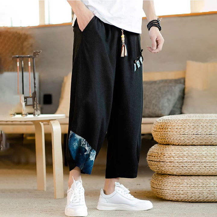 Buddha Stones Patchwork Design Kordelzug Baumwolle Herren Cropped Hose mit Taschen - image 16